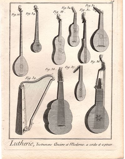 Diderot e D'Alembert, 1778, mestieri, liutaio, strumenti musicali antichi, tamburo *6981